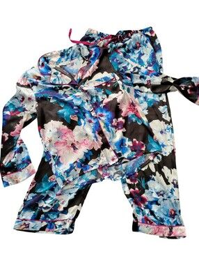 Floral Satin Pajama Set - Black Multi